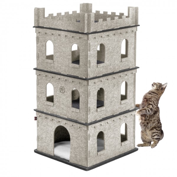 Felty Fort - Katzenburg aus Filz | Erdgeschoss + 2 Etagen inkl. XXL Flauschkissen - beige-anthrazit