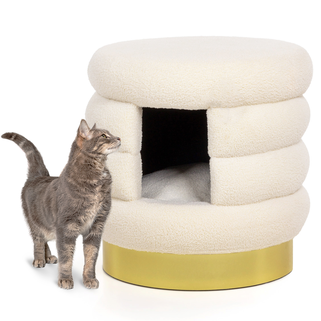 Cat Cave Choupette TEDDY White with Gold Cat bed snuggle cave stool Parrotshop